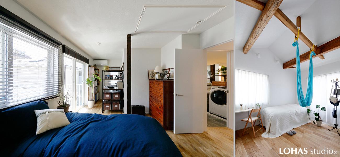 左)遠くまで視線が届く伸びやかな主寝室・書斎です。 右)エレガントな2階洋室は梁を眺める開放的な造り。天井を抜き室内高を上げました。ご趣味のヨガが楽しめるハンモックも設置。