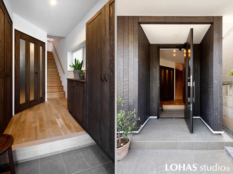 木調とグレイッシュカラーが相性良く馴染むリッチで大人モダンな玄関です。存在感のあるダークブラウンの扉は杉材を使った造作建具。ホールの床は無垢オーク材をクリアに塗装して明るい色調に。