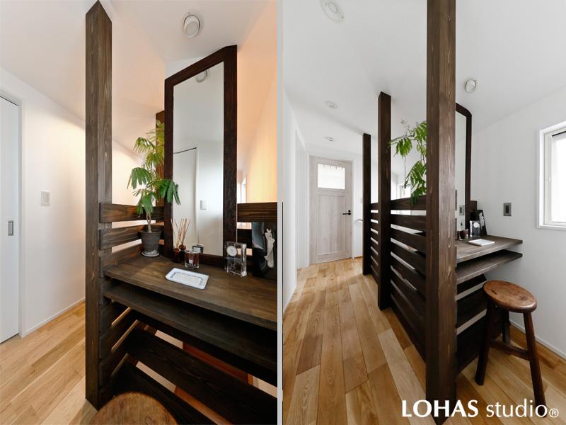 グリーンの似合うラスティックな2階ホール・メイクアップコーナーです。化粧柱とウッドフェンスの合わせ技で光と風が通るナチュラルな空間を完成。耐久性に優れたオーク材(無垢)を床に施工。