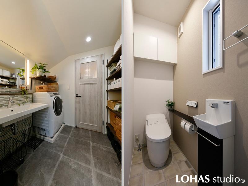 上質な素材を丁寧にまとめた小粋で可愛らしい洗面室・トイレです。グランジや滲み、色彩斑などの特徴を持つ個性派タイルを爽やかに彩りました。小さな空間も光を感じるお気に入りの部屋に。