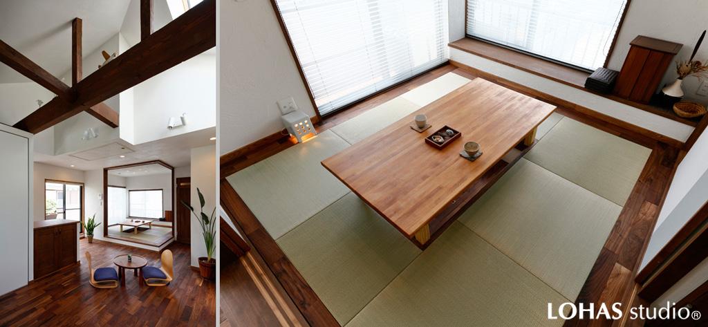 純和風からモダンな装いに模様がえした小上がりです。縁のない琉球畳やバイカラーのふすま、壁色を明るい白に変更することでガラリと違った空間に変わりました。