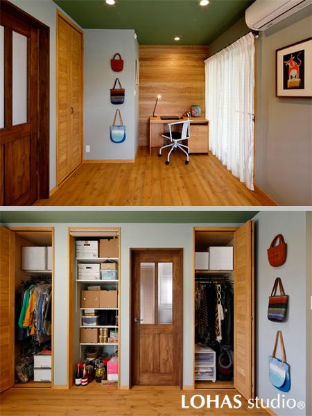 カラフルに色を散りばめた大人可愛い個室です。アースカラーの天井・壁で優しくナチュラルな雰囲気に。室内には収納スペースも多数ご用意。壁のバックコレクションが素敵です。