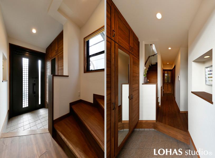 白をメインにした明るい玄関です。奥に視界が抜けていく伸びやかな室内観です。壁のニッチがワンポイントに。大きな玄関収納で足元はいつもすっきり。