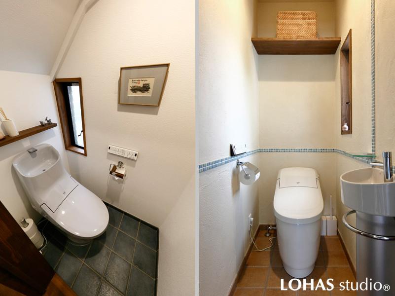 趣きの異なるトイレ2か所です。左)メンズライクな色調でスタイリッシュ。小さく便利な棚を造作。 右)小さなタイルラインや温かみのある床色でフェミニンな雰囲気です。