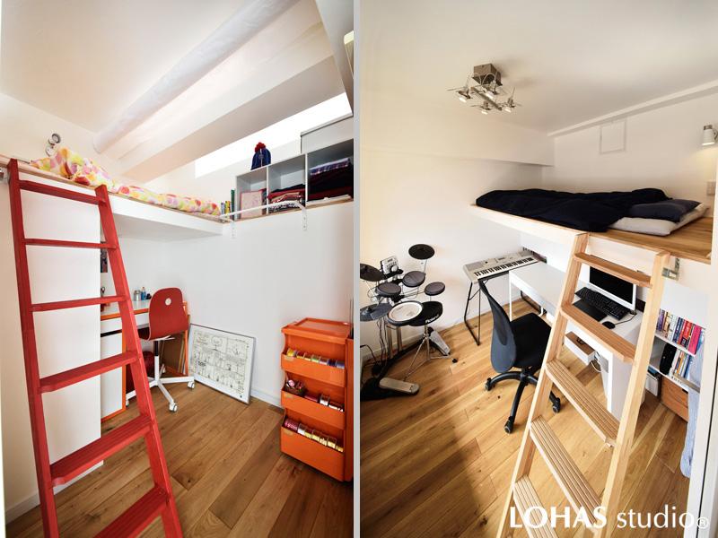 ロフト付きのお子さま専用室です。シンプルな室内の床は自然素材の無垢ナラ材を使用（ロフト含）。壁や天井の漆喰塗装は部屋ごとにパターンを変えてオリジナリティを出しました。