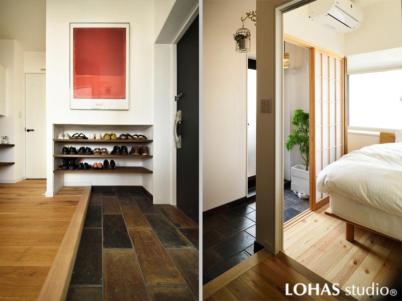 結露対策をかねて土間をひろげた玄関ホールです。足元にはエイジング感が魅力的なタイルを施工。靴収納にはニッチを使いました。風通しの良い棚に並んだ靴のディスプレイが新鮮です。