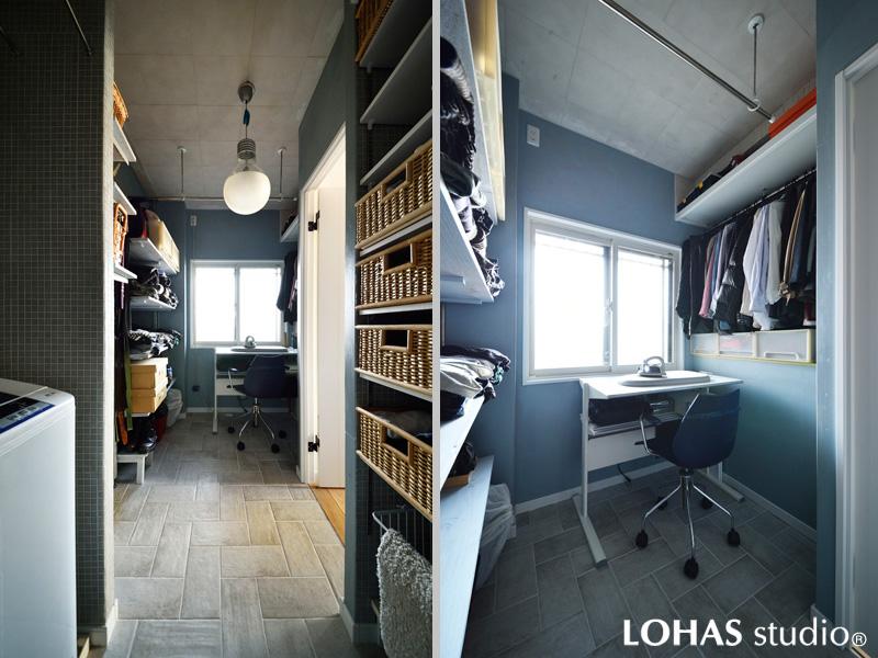 路地のような佇まいのW.I.C/脱衣室です。浴室付近の間取りを見直して家事デスクが置けるW.I.Cと収納力のある脱衣室を造作しました。壁・床・天井はM様のDIYによる本格的な仕上がり。