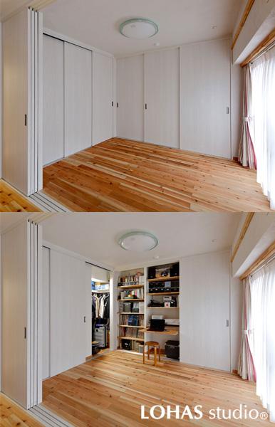 リビングとフラットに繋がる明るい洋室です。可動棚の付いた押入れとデスクセット付きのワークスペースを引き戸でスマートに隠しました。押入や収納は床と同じ無垢杉材です。