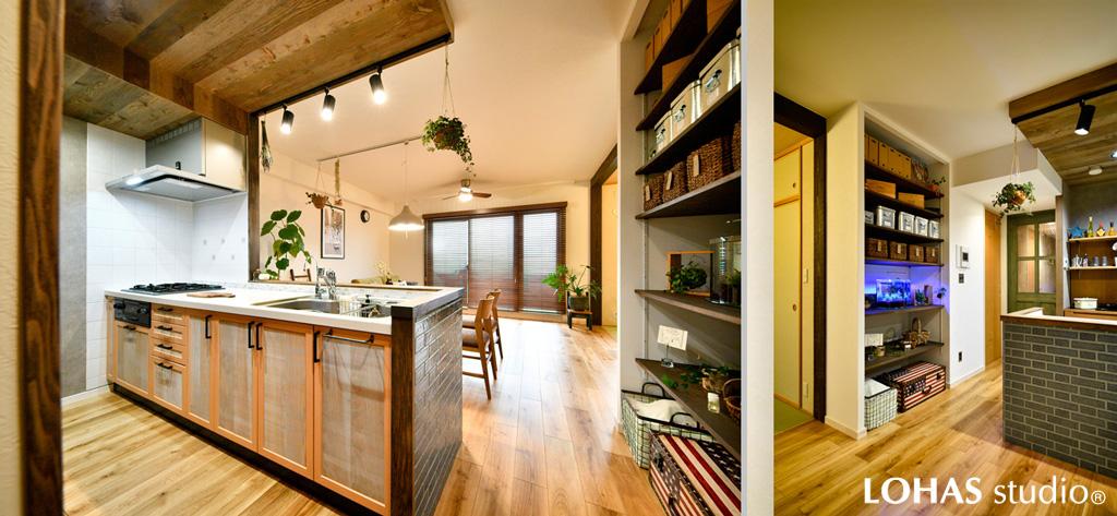 古びたヴィンテージスタイルを演出したキッチンです。設備は既存のまま、天井パネルの追加やカウンターのタイル施工で装いを新たに。