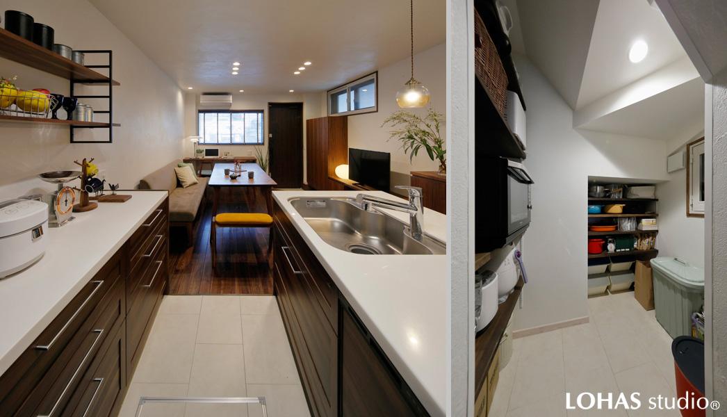 1階中央に配置した会話の弾むキッチンです。2つのリビングとの"コミュニケーションの取りやすさ"を考え間取りや壁の抜け方を工夫しました。ニッチや造作棚で収納力たっぷりのパントリーも完備。