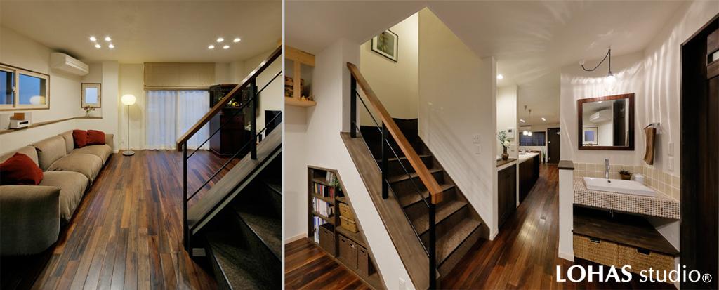 外から視線が届かない1階奥に造作したプライベートリビングです。階段下のデッドスペースを使って便利な収納を造りました。近接するオープンな間取りの洗面コーナーも便利です。