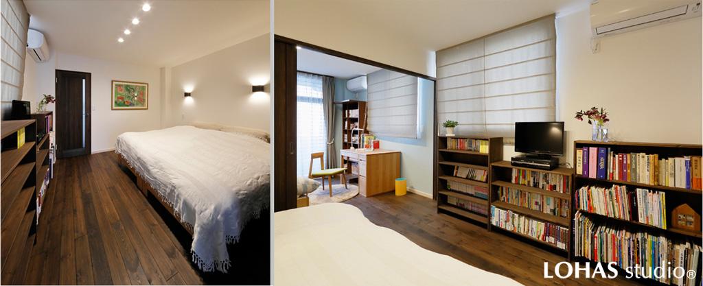 壁側にたっぷりの収納を造作した寝室です。室内の奥に設けた引き戸から子ども室に繋がります。温かみのある床は触り心地の柔らかな無垢パイン材。天井・床は自然素材を使ったエコクロスを施工しました。