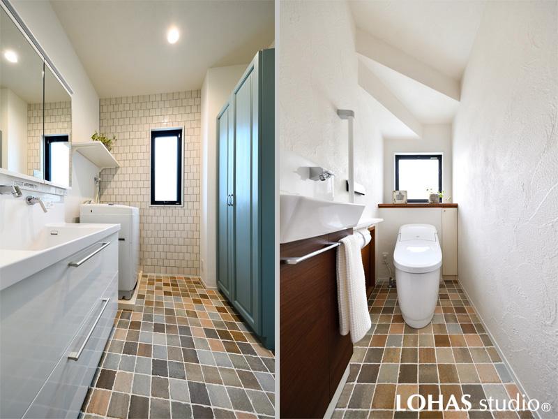 洗面室は、奥の壁面タイルのカラー目地と収納の扉カラーをお揃いにしました。訪れた方が部屋の中をじっくりと見た時に、いろいろな発見と驚きが体感できる面白さを狙っております。