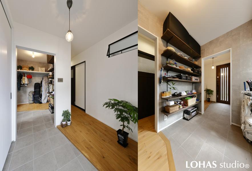 伸びやかな印象の玄関です。和室だった場所を大改装し、玄関・シューズインクロークを新設しました。以前とは玄関の位置を変えて、道路側からのプライバシーに配慮しています。