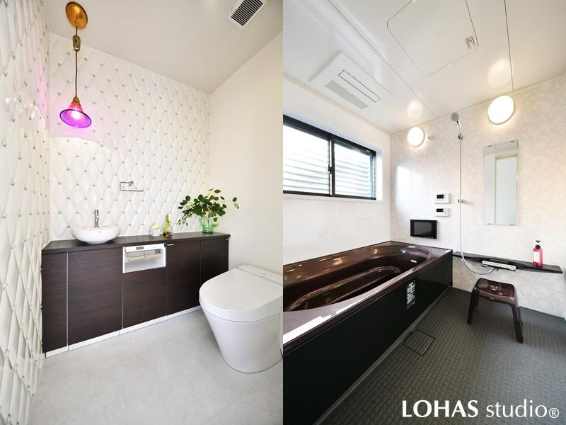 右）シックな色味でまとめられたバスルームです。ジャグジーとテレビを設置して、心身ともにゆっくりとほぐされる癒しの時間を過ごす場所となりました。　左）ぷっくりとした質感あるタイルが高級感を漂わせるトイレです。贅沢に2面に貼って、ラグジュアリーな雰囲気に。