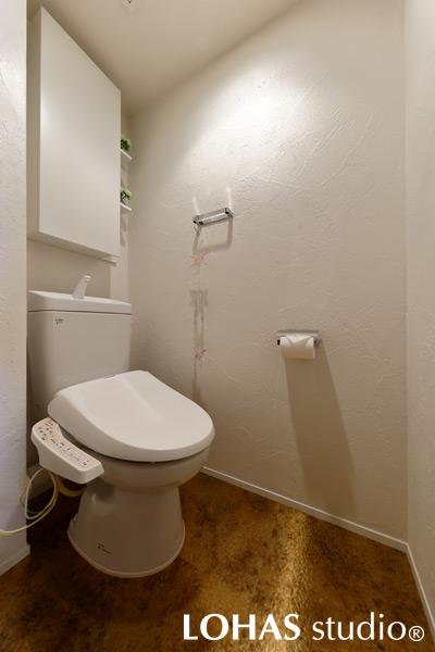 シンプルで清潔感のあるトイレです。シンプルだからこそ、塗られたパターン模様が一層引き立ちますね。珪藻土は壁と天井に施工してあるので、気になるにおいに悩まされることなく快適に使用できます。