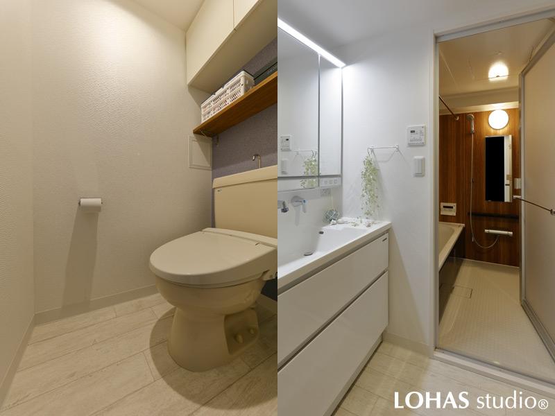 左）既存部分を活かしながら、新たに棚と開き戸を取り付けて収納力をアップさせたトイレです。　右）それぞれの雰囲気に合わせて照明の色味を変えた洗面とバスルームです。