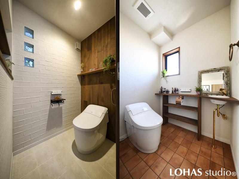 2階と3階のトイレです。小窓とガラスブロックを用いて明るさをプラスしました。どちらもナチュラルにまとめながら、ボウルや造作棚のデザインを変え、ご提案しています。グリーンや雑貨を飾って、どちらも楽しげな印象です。