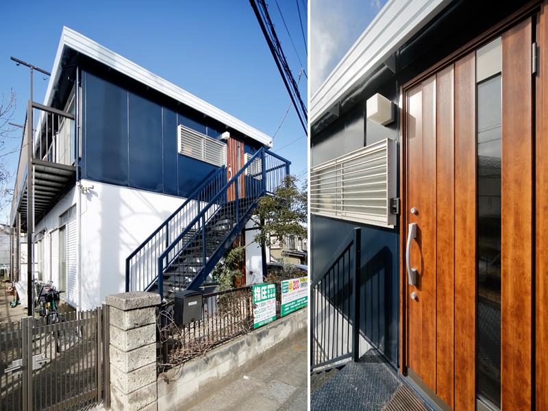 木素材が良く馴染むブルーの外観です。マリンカラーの2色使いで爽やかな雰囲気。玄関はドア枠にもこだわりパイン材で造作。