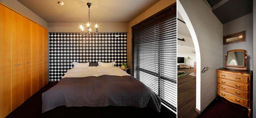 北欧の色彩を持つ ラグジュアリーな主寝室です。大きなカーブ開口でＬＤＫと分かれました。ダークグレーの天井・壁はエコクロスを採用。ガラスブロックで室内窓を造り透け感を追加。