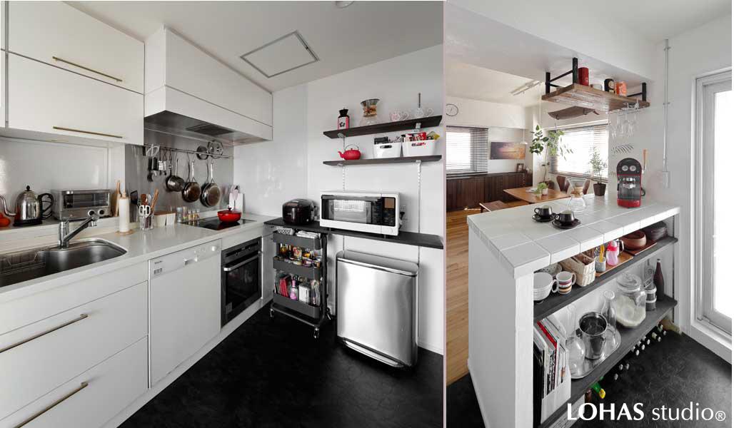 白基調のキッチンです。既存設備をリメイクし、更にタイル張りカウンターとアイアンづかいの吊り棚を新設。収納はLD側・キッチン側の双方に用意して収納力を強化しました。