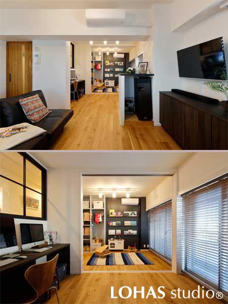 LDKと一体的なワークスペース・こども室(客室兼)です。玄関側と視線がぶつからない窓高で室内窓を造作しました。こども室は引戸で間仕切り可能です。