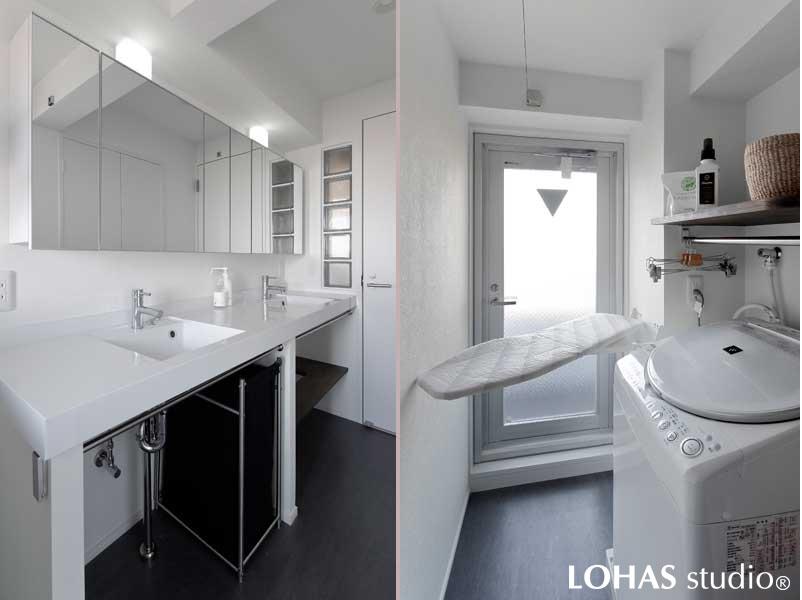 清楚な印象のシンプルで使いやすい洗面室です。横長の間取りを活かしツーボウルのカウンターを造作。足元には収納も。ランドリーロープを設備して室内干しもOKです。