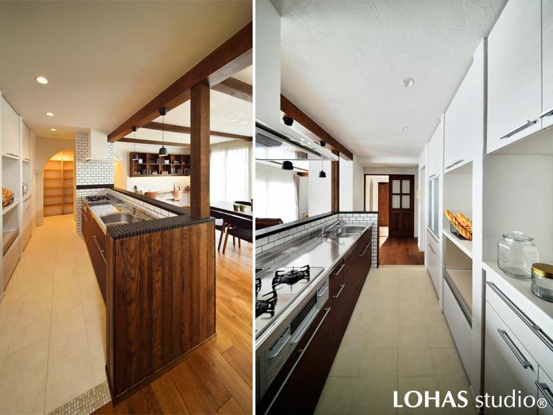 白いタイルを装飾した対面キッチンです。パントリーの出入り口は片Rの下がり壁で緩やかに区分け。キッチンから直線に伸びた生活動線が便利です。高性能断熱材アクリアを施工。