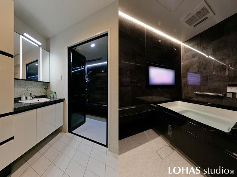 スタイリッシュなイメージとなったバスルームの様子です。ライン照明がまるでホテルのよう。床に施工したのは水まわり特有の「ヒヤッと感」を感じにくいサーモタイルで、快適に水まわりを使うことができます。