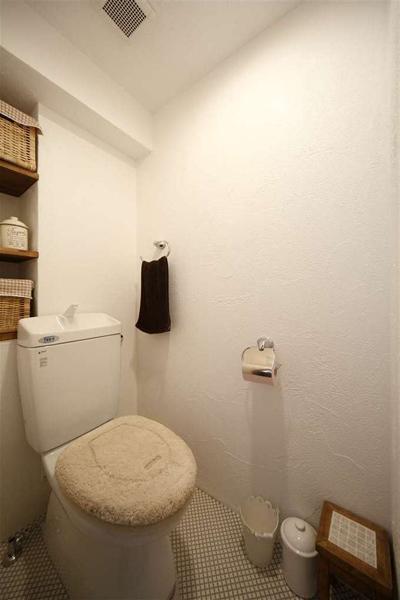 トイレにもこだわりのタイルを床に使用。調湿効果や消臭効果のある珪藻土を採用しています。