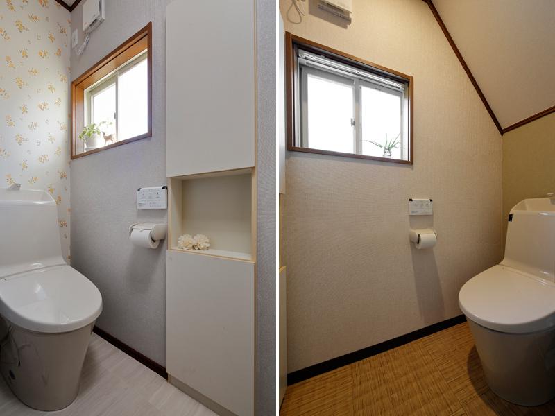 趣きを変えた2室のトイレです。どちらも便座を新品交換。左)フローラルな花柄は防火・撥水性のある紙系の壁紙。右)リアルな籐・市松柄の床は水に強いクッションフロア。