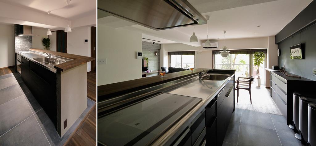 ダイニングと回遊できる動きやすいアイランドキッチンです。キッチンとLDで会話が楽しめる双方向性のレイアウト。ムラ色がお洒落なライトグレーの床はタイル施工によるもの。天井・壁は白のエコクロスです。