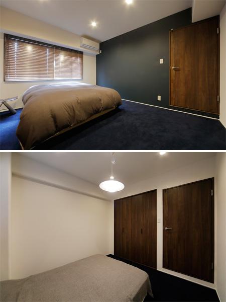 カラーアレンジでメリハリを利かせた2つの洋室です。ホテルにも使用される耐久性の高いカーペットを床に敷設。壁・天井は天然素材のエコクロス、窓枠はパイン無垢材です。扉はウォルナット柄の建具に交換。