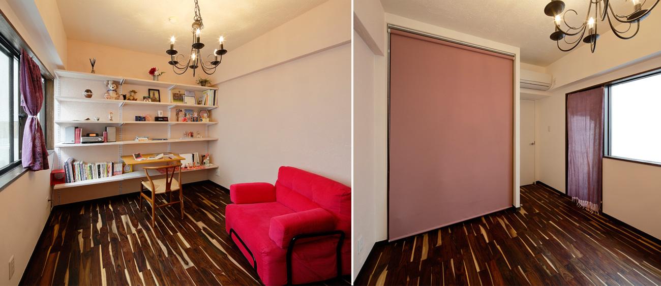 さくら色のアクセント色を付けた愛らしいお嬢様の個室です。淡い桜色の珪藻土と白いしっくいを2面ずつ塗り分けました。壁に造作したオープン棚にひと工夫してデスクを設置しています。