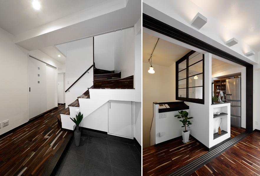 1階玄関と2階の階段ホールです。LDKとデザインを揃えてまとまりある景観に。階段下のデッドスペースには収納を新設しました。2階ホールにはインターフォンが置ける棚をご用意。