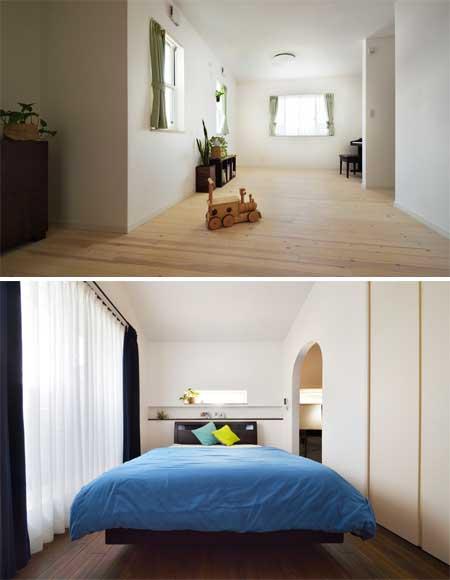 2階に造作した2つの個室です。上)2室に分けられるよう出入口と家具が置ける凹部を各2か所用意しました。下)勾配天井のある主寝室です。アーチの奥はW.I.C。クローゼットも完備。