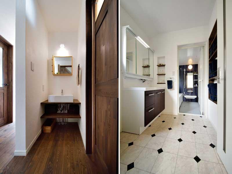 清潔感のあるすっきりした見映えの洗面室(コーナー)です。余分なモノを持たないよう最適な量・サイズを見極めた収納計画を実施。ニッチや棚を活用して生活空間を広く確保しています。