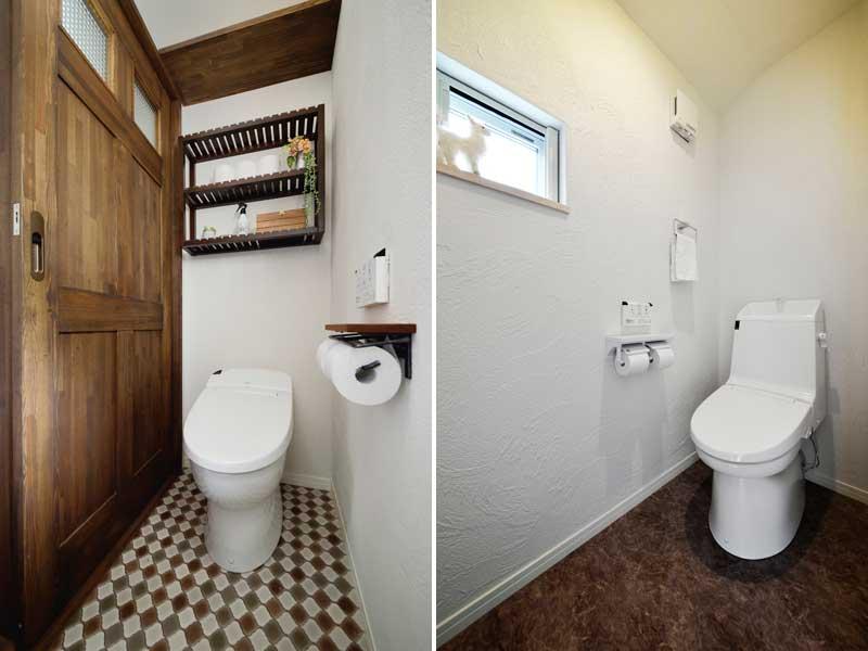 落ち着いたブラウン調のトイレ2室です。左写真の存在感ある扉は無垢材で造作したお気に入りの逸品。床は「掃除がしやすい」「柄が気に入った」クッションフロアをセレクト。