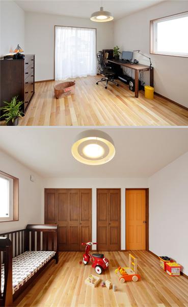 軽やかな雰囲気のシンプルな洋室です。白い天井色に同化する白い照明を合わせて空間を大きく見せました。ブラウン調の家具がとても良く馴染んでいます。