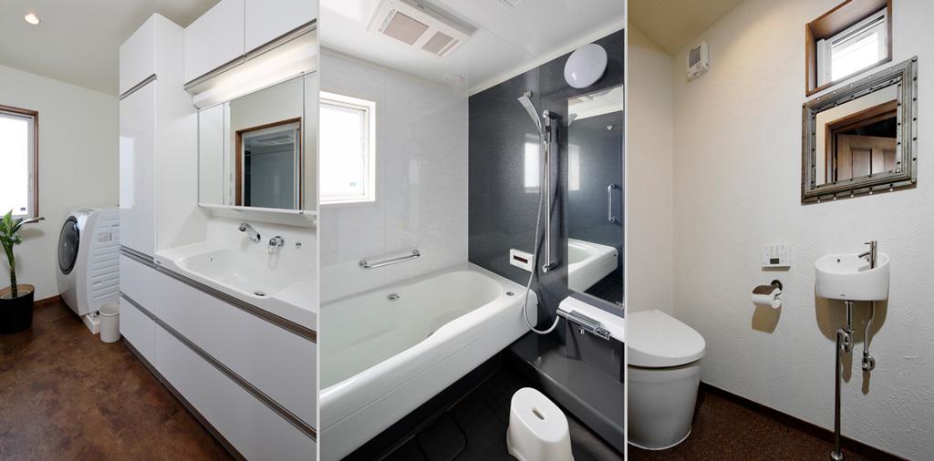 大人シックにまとめたサニタリーです。どのシーンにも小窓を造り自然の光を採り入れました。トイレ床は「本物の鉄」と勘違いされるほどリアルなPタイル。鏡の枠はサビ加工で擦れ感を演出しています。