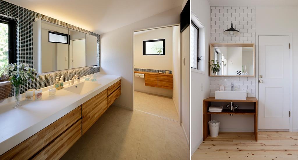 ナチュラルな洗面室(コーナー)です。左)メインの洗面室です。透明感のあるタイルでお洒落な装い。床は水濡れに強いフロアタイル。右)2階ホールの洗面コーナーです。オープンな使いやすい配置。