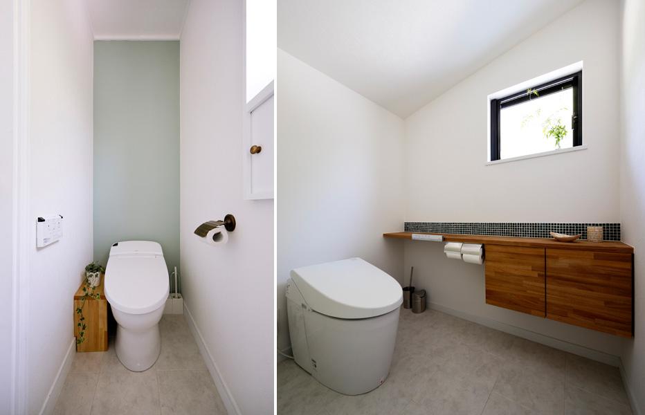 白トーンでまとめた1･2階のトイレです。タンクレストイレで室内は広々。背中の壁や横ラインのタイル装飾で爽やかなアクセントを加えました。