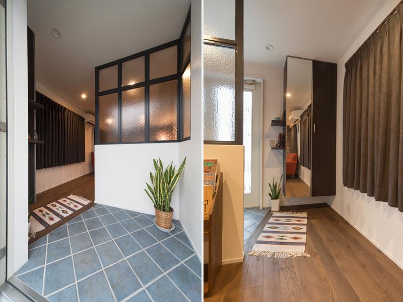 新設した子世帯専用・玄関です。LDKとの境を立壁で分けたコンパクトな間取り。室内へ折れ入る動線と境界の内窓で戸外からの視線を遮りプライベートを守りました。玄関は窓を広くして室内に光を届けるように設計。