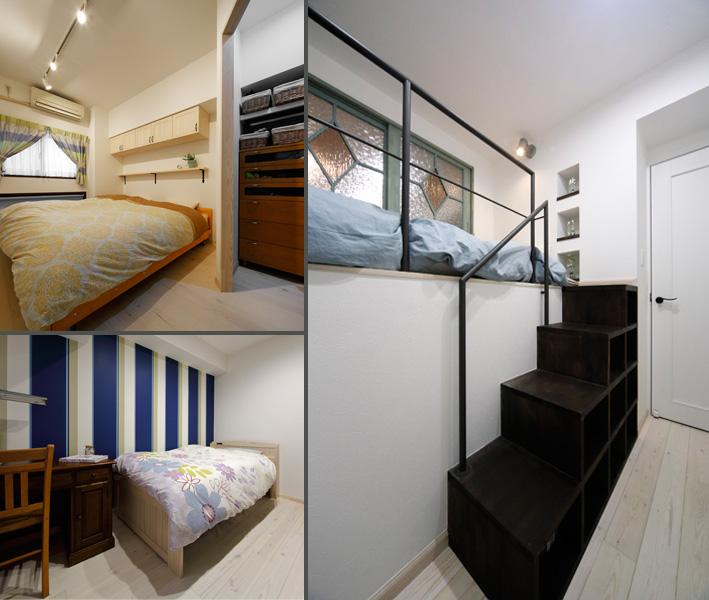 カタチも色合いも違う個性的な3つの洋室です。「ひとりで籠れる場所」「部屋というより秘密基地に」というご要望に応え小さな間取りを印象的に仕上げました。床は踏み心地の良い無垢パイン材。さりげない部分に「収納」が。