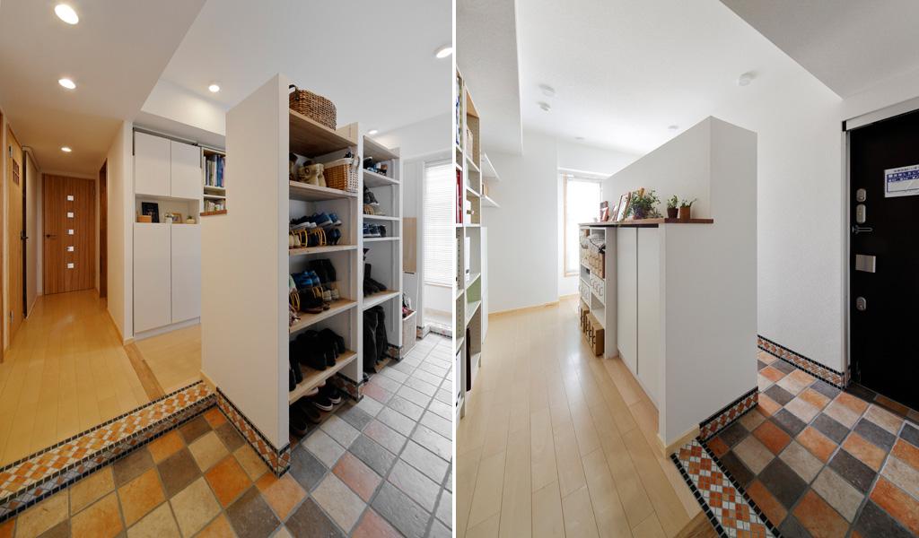 収納庫を造作した広い玄関ホールです。土間に3色タイルをランダムに合わせて朗らかな雰囲気を創出。框にはモザイクタイルを施工。