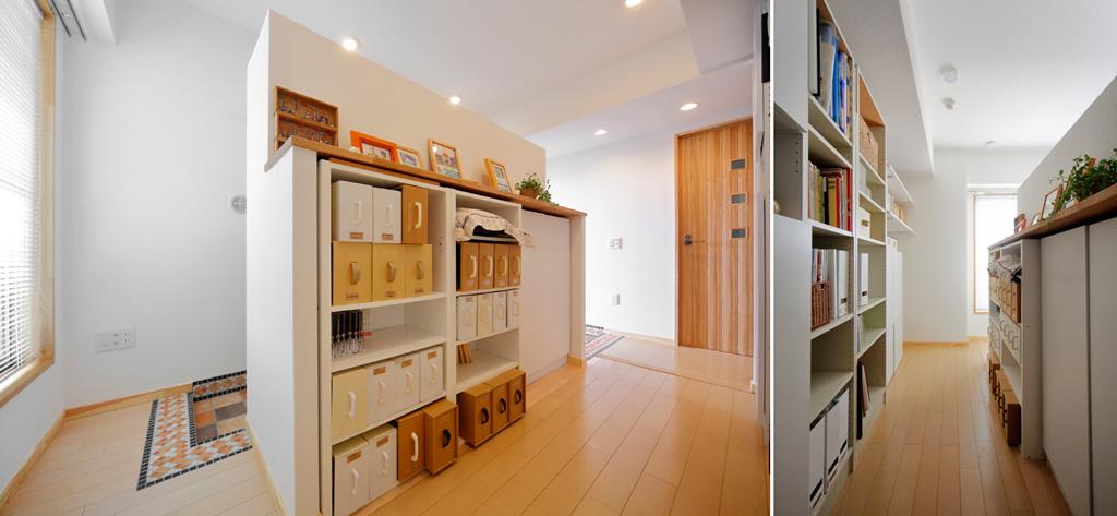 大型収納を造作した玄関ホール・ギャラリーです。フローリングは幅広のシカモアツキ板材 巾木は無垢材をご採用。エコクロスで天井・壁を白く張り替えました。