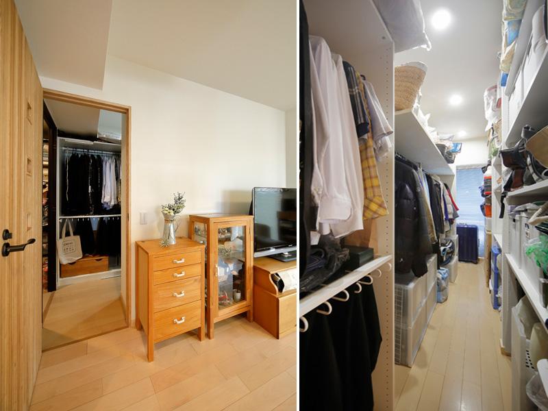 家族で使える大容量のW.I.Cです。出入り扉は無垢材のもの。使いやすい稼働棚を造作しました。玄関ホールと同じく木目の美しいシカモアツキ板を使用しています。