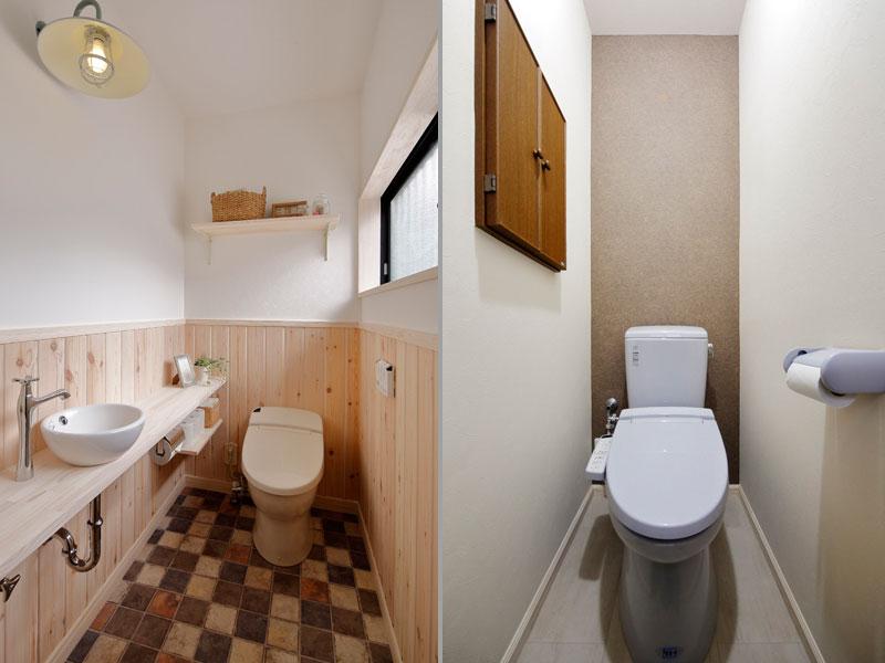 リフォームで明るくなった1・2階のトイレです。広い間取りの1階トイレを必要な大きさにリサイズし、余った通路側に「物入れ」を造作。間取り内のデッドスペースを見極めることで「収納」を増やせます。2階は内装を刷新し落ち着ける雰囲気を創りました。
