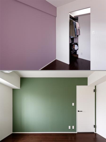 個性的なアクセントウォールを造った洋2室です。どちらも控えめに調色して落ち着きある室内観を造りました。上)間取りの一部でW.I.Cを造作。下)既存の間取りに一面のアクセント色を彩り印象を刷新。物件見学の際にはスタッフも同行し「どんな風に」「どこまで」リフォームできるかを相談しました。