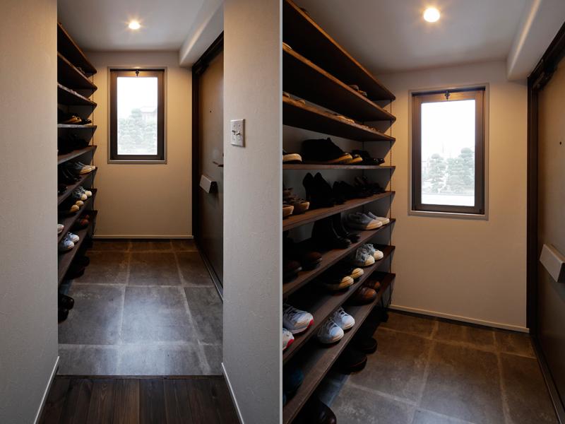 気持ちよく靴が並び整然とした玄関です。石畳調・土間タイルは耐久性に優れ、汚れにも強いPタイルを施工。靴収納は可動タイプなので調整すればロング丈の靴もそのまま入ります。湿気がこもらないので「靴」も長持ち！